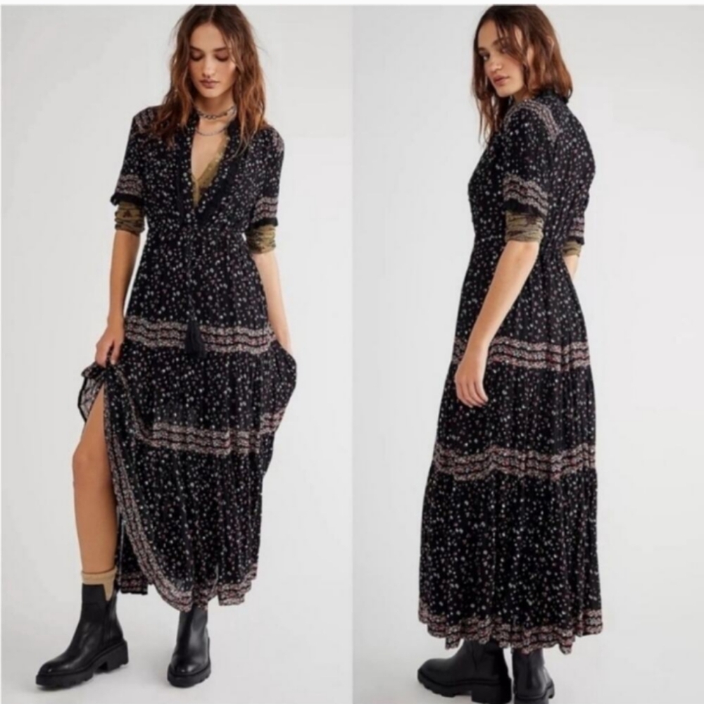Free People Rare Feeling Black Combo Maxi Dress Large